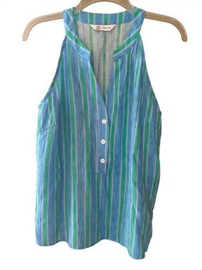 CUPSHE Blue and Green Vertical-Stripe Sleeveless Split Neck Top Size M